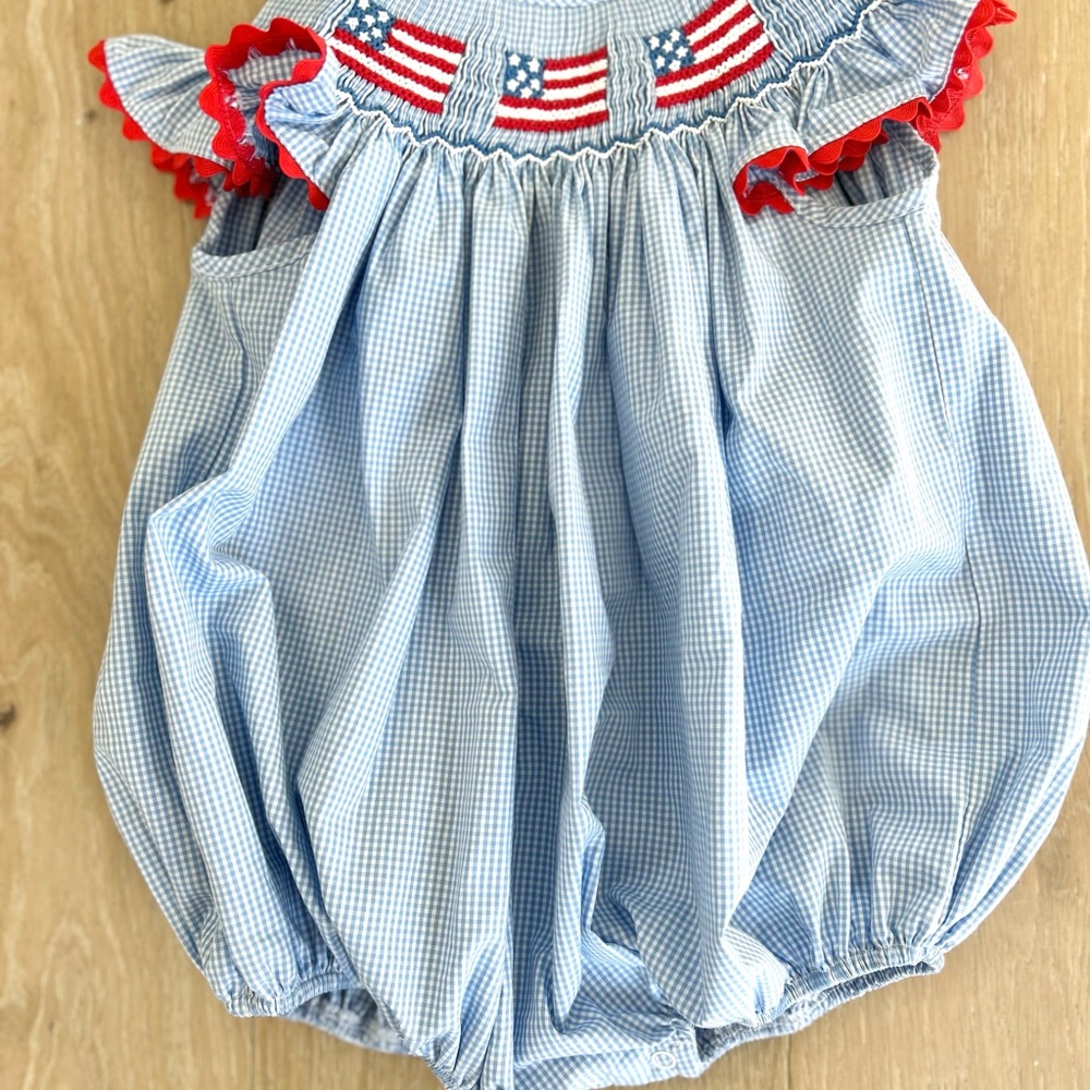 Stitchy Fish Patriotic / American Flag Bubble Romper 12-18 months